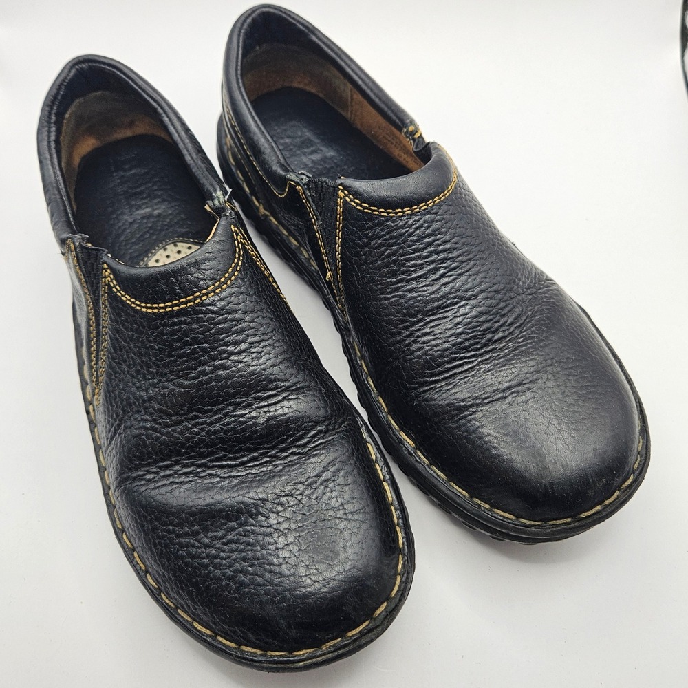 Born W3542 Women's Black Pebbled Leather Slip On Loafers Contrast Stitching 7.5